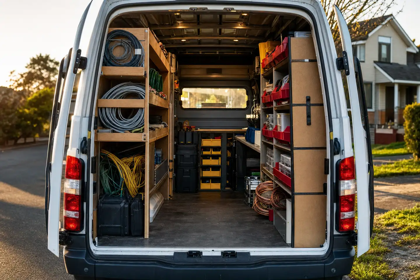 The open back of a tidy unmarked work van on a quiet residential street at golden hour, shelved tools and neatly stacked parts bins lit by low sun.