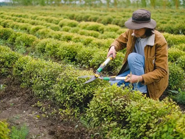 A landscaper trimming hedges with pruning shears