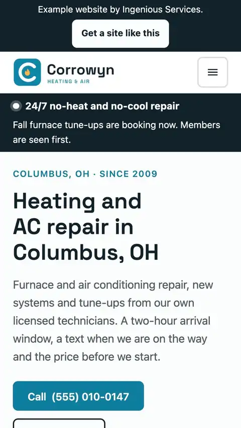 The Corrowyn Heating & Air example site on a phone