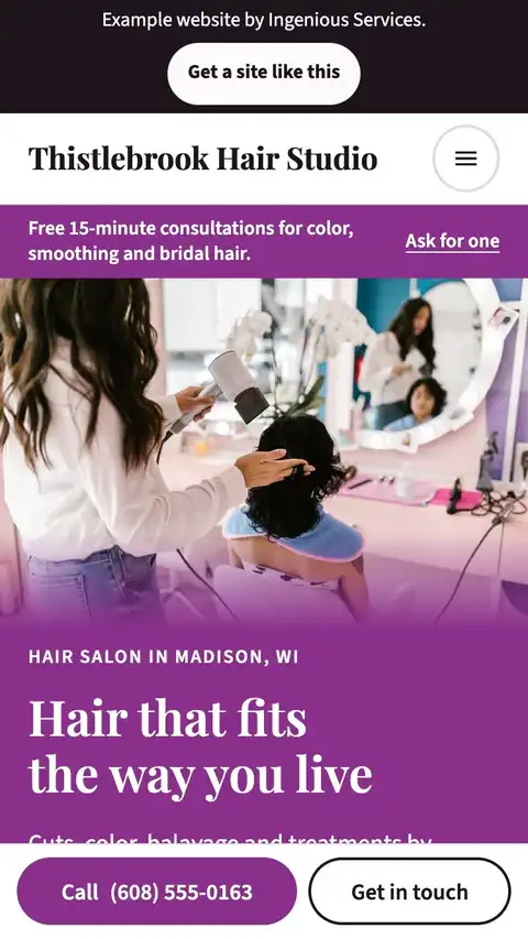 The Thistlebrook Hair Studio example site on a phone