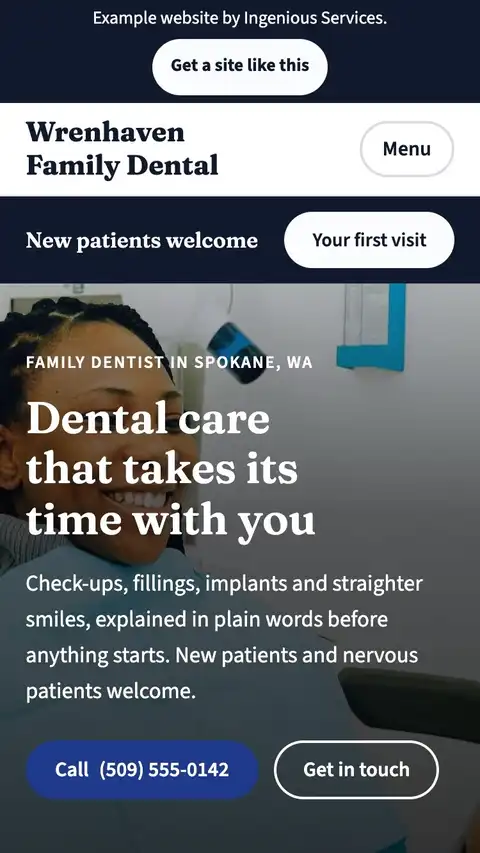 The Wrenhaven Family Dental example site on a phone